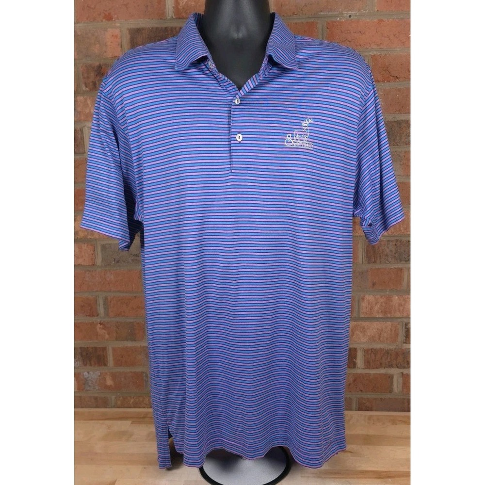 Peter Millar Cotton Golf Polo Shirt The Sanctuary Purple Blue Stripe Big Logo